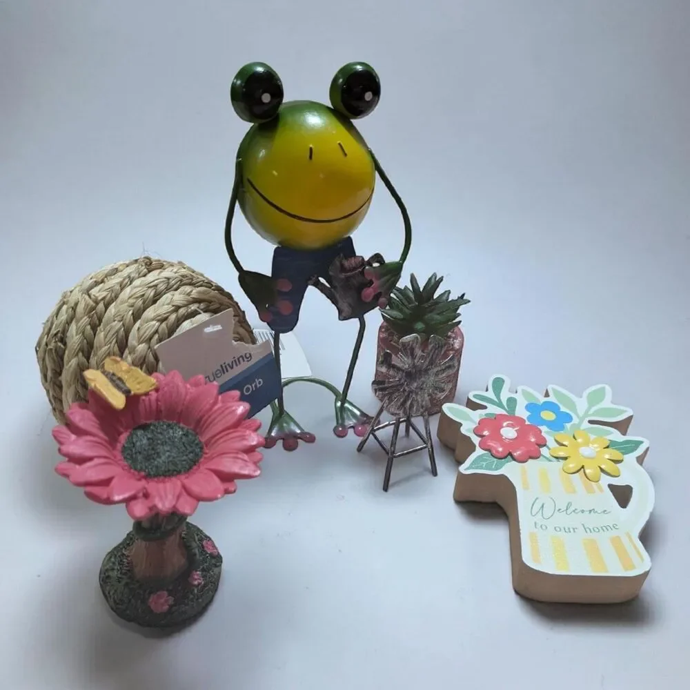 Spring Garden Decor Lot, Frog Figurine, Floral Welcome Sign, Succulent, Orb